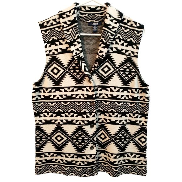 CHAPS Sweater Vest Button Up Black Ivory Southwest Aztec Cotton Knit - Large - Picture 1 of 8